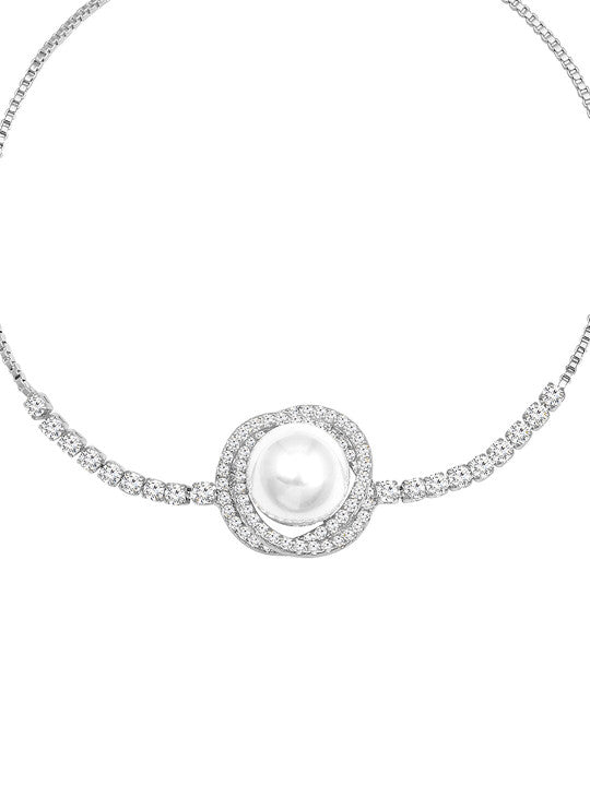Luxury Pearl & Zircon Adjustable Bracelet – Elegant Silver-Tone Jewelry for Women