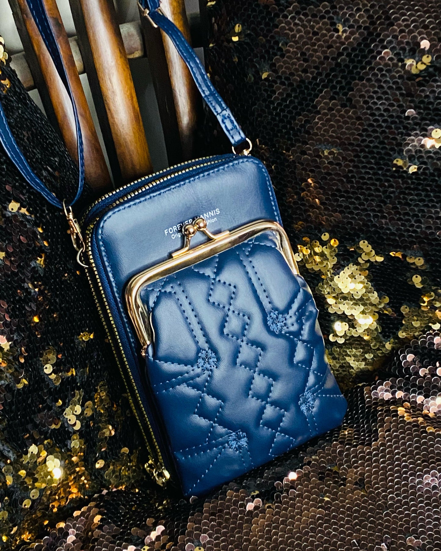 Elegant Women's Clutch – Compact Blue Crossbody Handbag with Gold Zipper & Stylish Design | Lace & Luxe