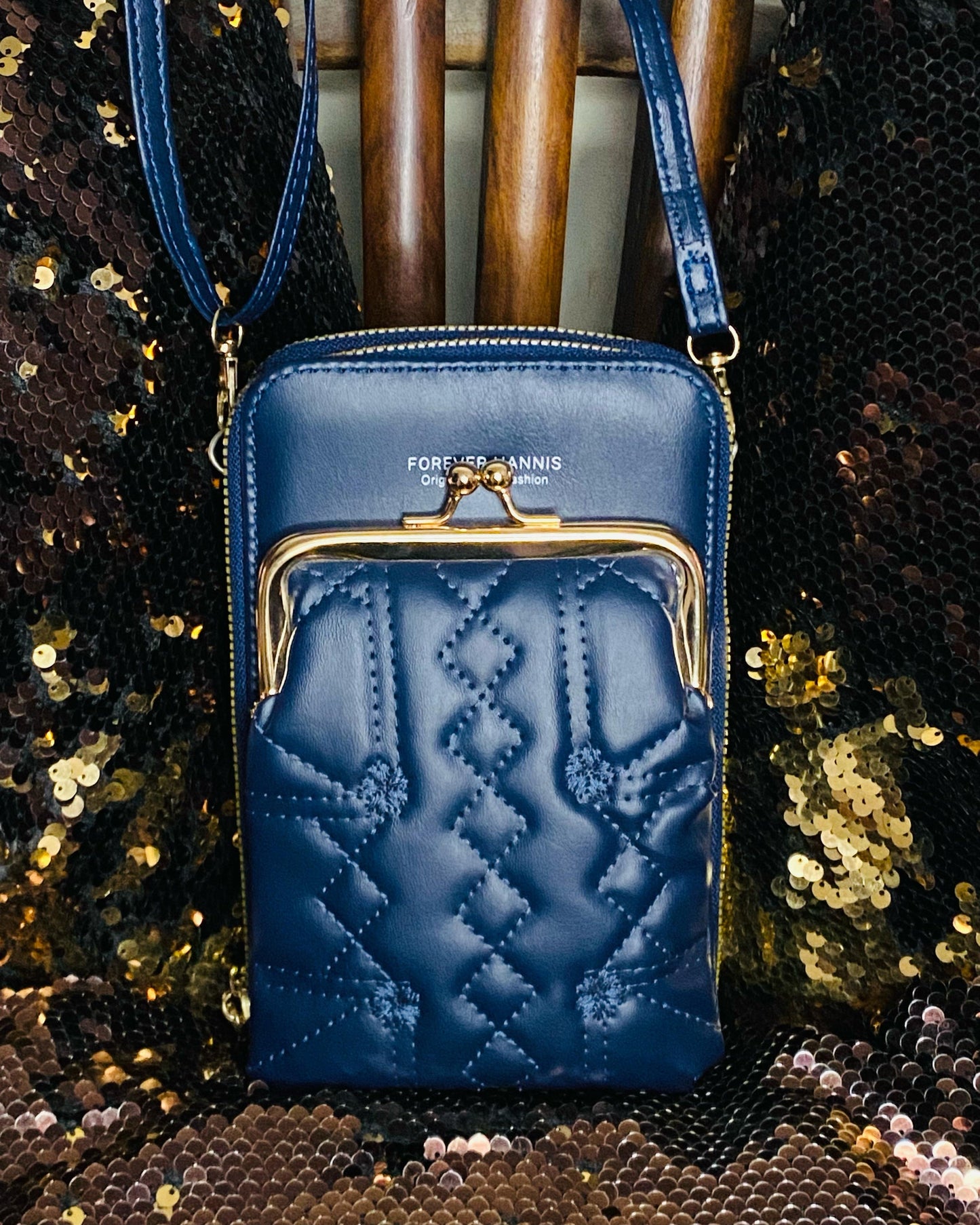 Elegant Women's Clutch – Compact Blue Crossbody Handbag with Gold Zipper & Stylish Design | Lace & Luxe