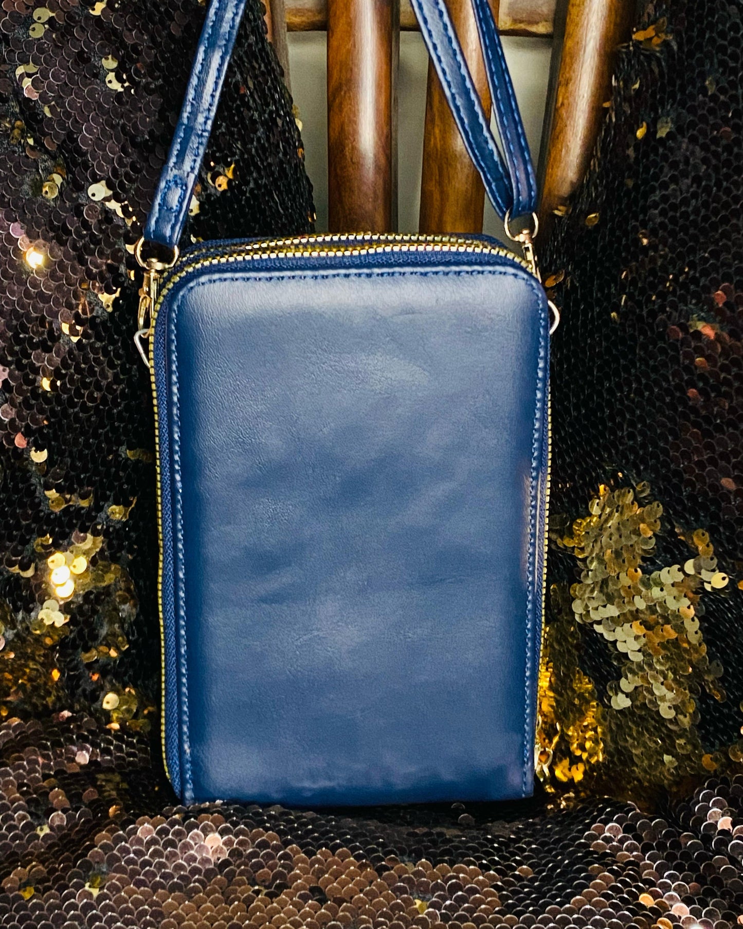 Elegant Women's Clutch – Compact Blue Crossbody Handbag with Gold Zipper & Stylish Design | Lace & Luxe