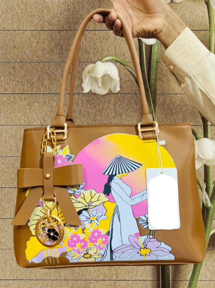 Elegant Artistic Print Handbag with Gold Chain & Bow
