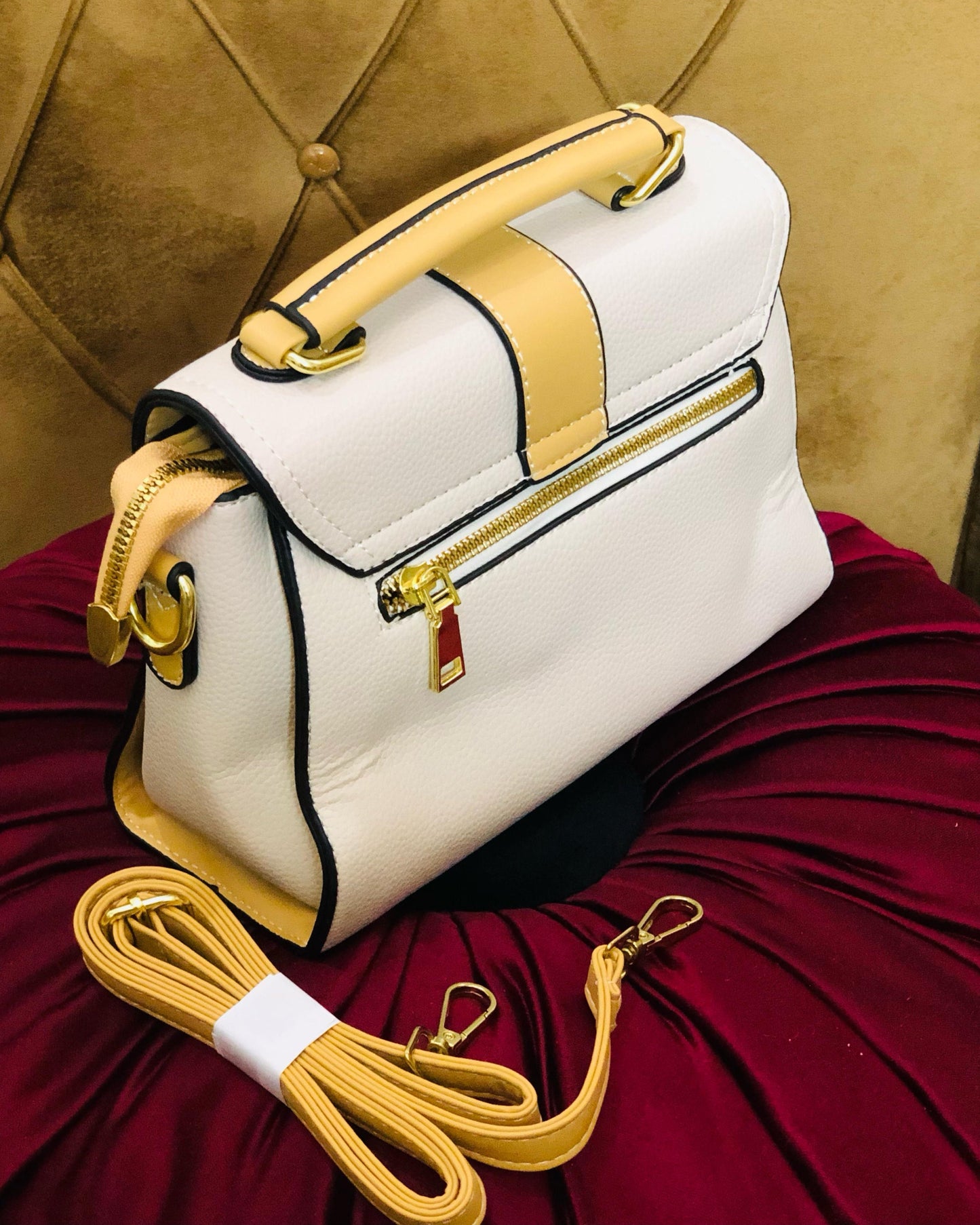 White & Beige Premium Leather Handbag | Lace & Luxe