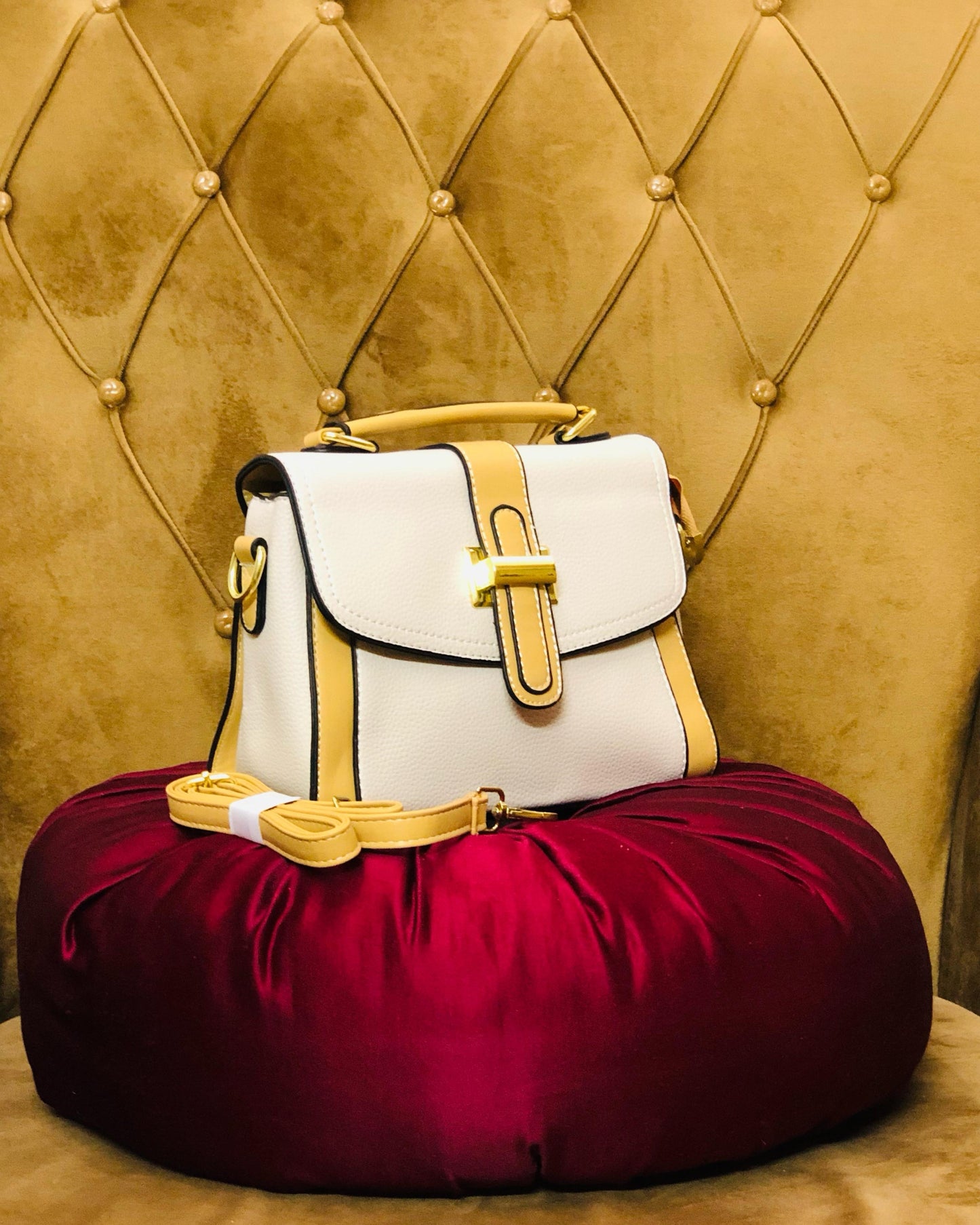 White & Beige Premium Leather Handbag | Lace & Luxe