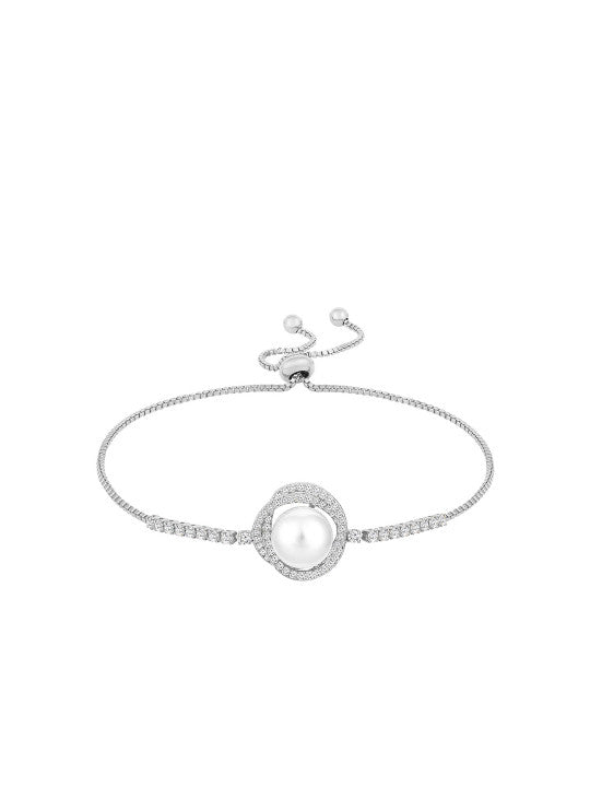 Luxury Pearl & Zircon Adjustable Bracelet – Elegant Silver-Tone Jewelry for Women