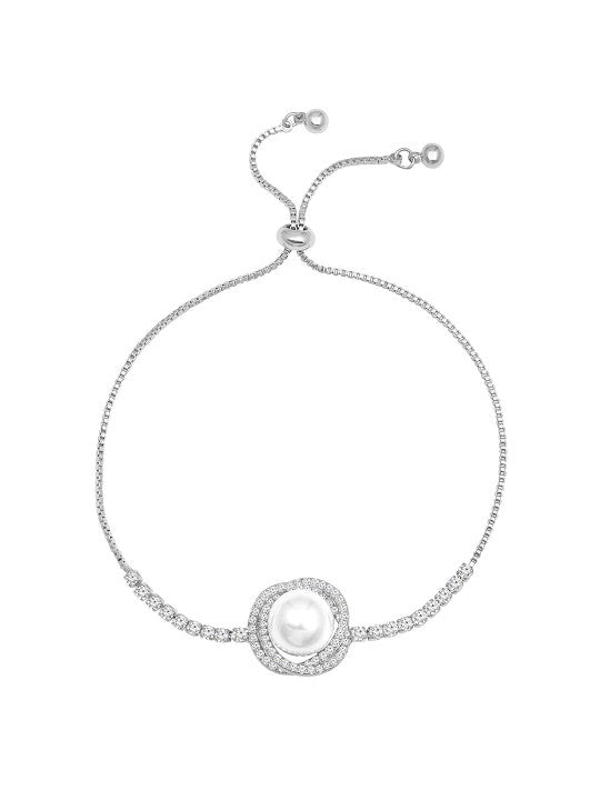 Luxury Pearl & Zircon Adjustable Bracelet – Elegant Silver-Tone Jewelry for Women