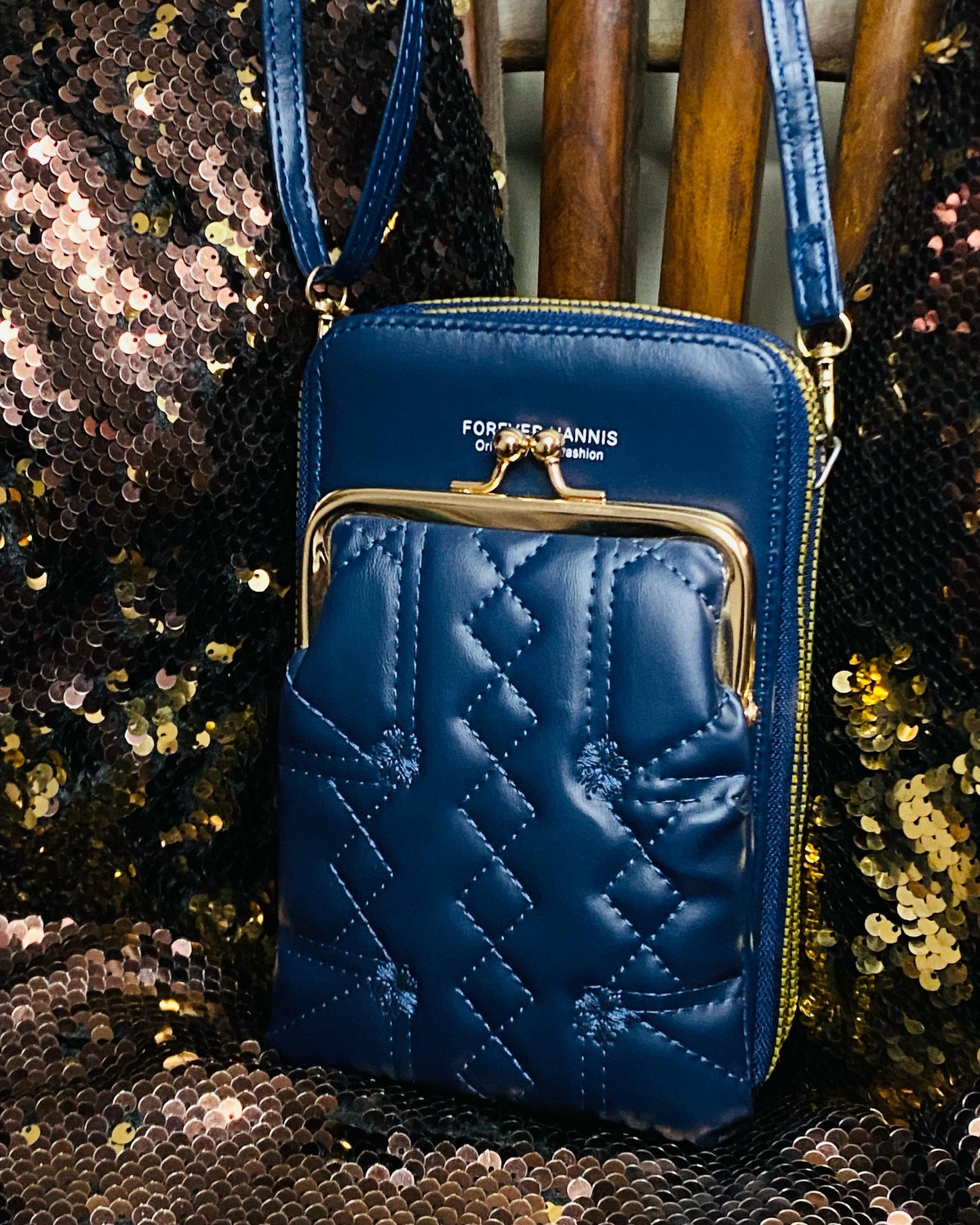 Elegant Women's Clutch – Compact Blue Crossbody Handbag with Gold Zipper & Stylish Design | Lace & Luxe