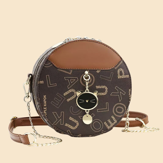 Round Crossbody Handbag for Women in Pakistan – Stylish PU Leather Bag with Cute Cat Keychain