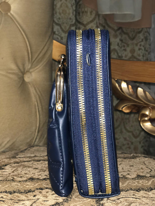 Elegant Women's Clutch – Compact Blue Handbag with Gold Zipper & Stylish Design