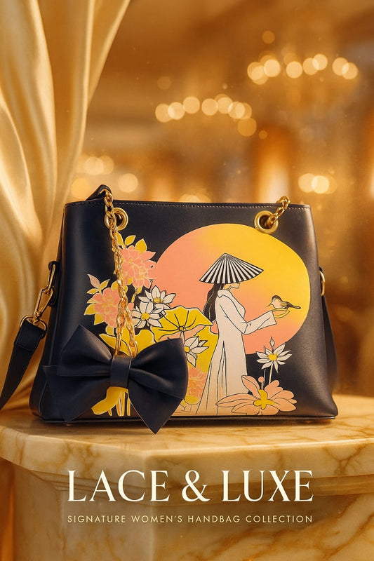 Elegant Artistic Print Handbag with Gold Chain & Bow